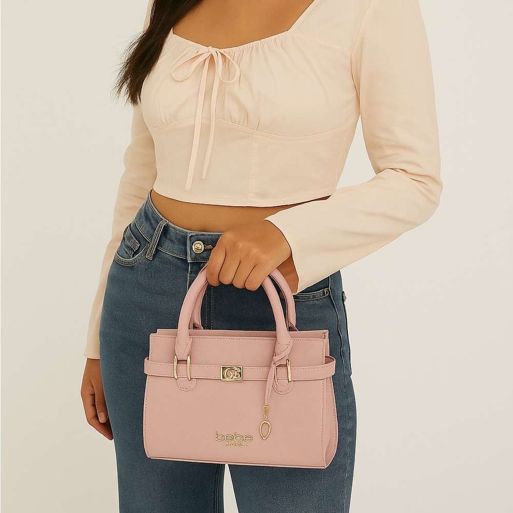 Bebe Blush Pink Structured Handbag with Gold Accents